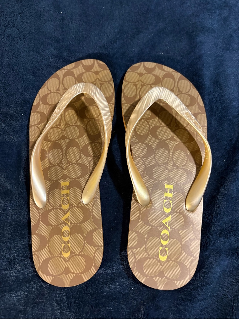 Coach Brown Monogram Flip Flop Sandals with Gold Straps